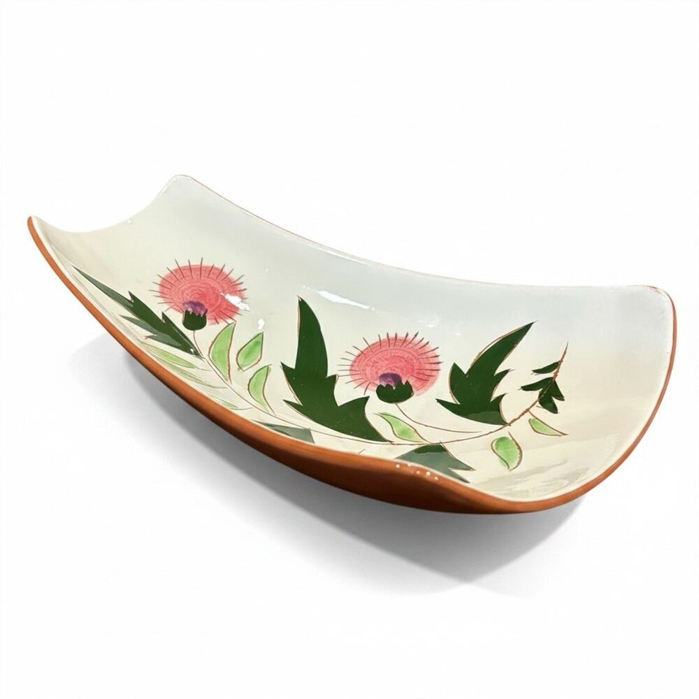 Vintage Stangl Hand Painted Pottery Pink Thistle 50s Curved Serving Tray 11.25”